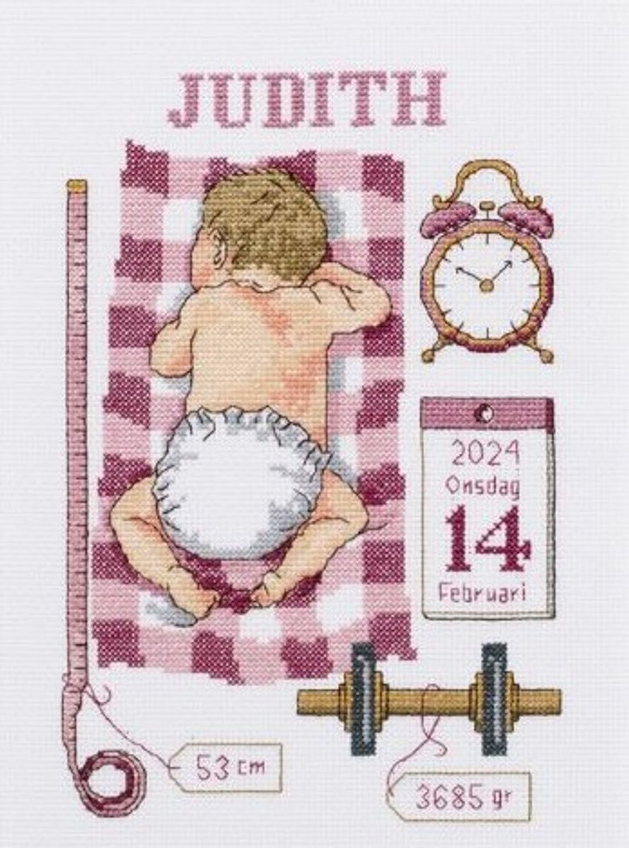 Fødselsbilde Judith korssting 21x30 cm rosa og vinrødt - broderi