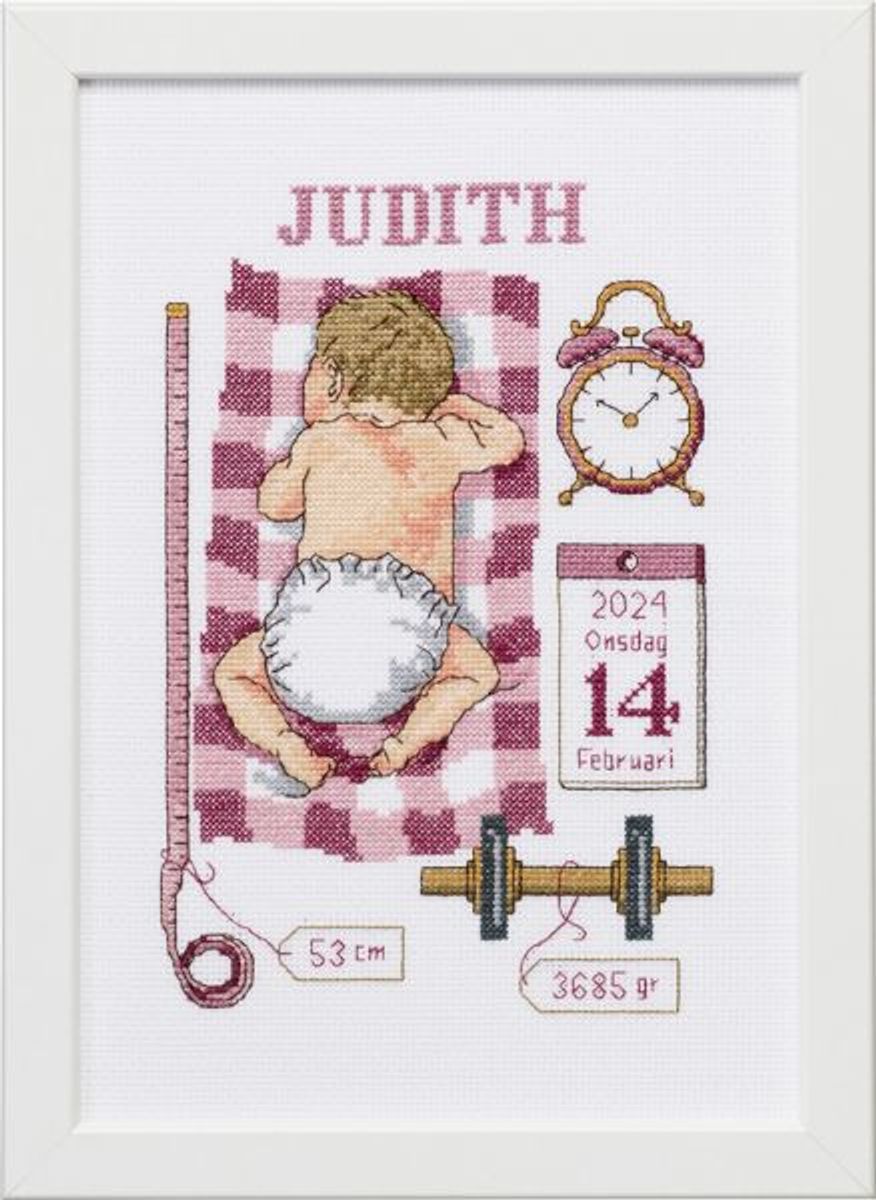 Fødselsbilde Judith korssting 21x30 cm rosa og vinrødt - broderi