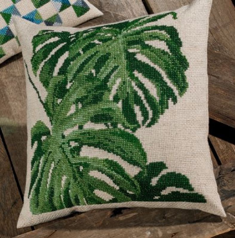 Pute monstera korssting 40 x 40 cm vindusblad - broderipakke 