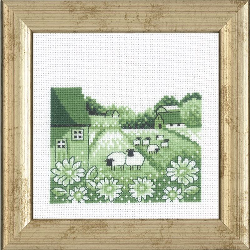 Bilde sauene i den grønne engen broderipakke 12 x 12 cm 